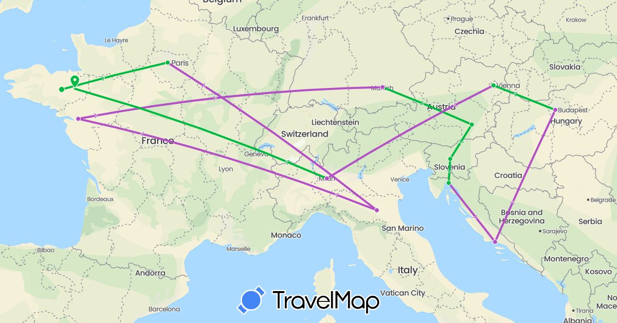 TravelMap itinerary: driving, bus, train in Austria, Germany, France, Croatia, Hungary, Italy, Slovenia (Europe)