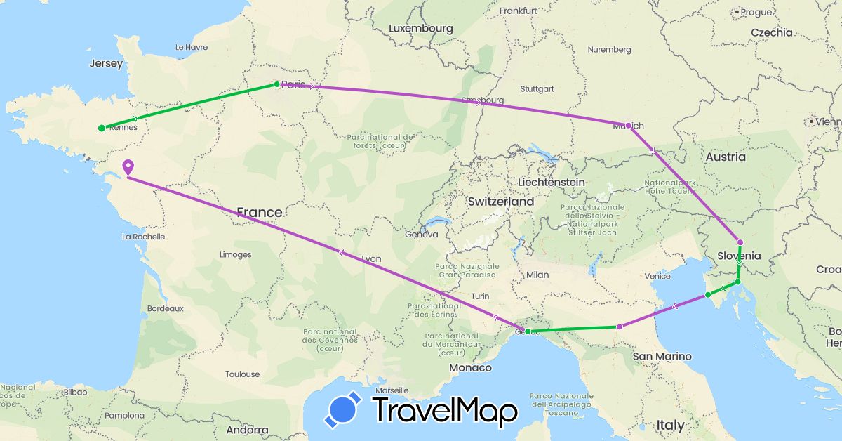 TravelMap itinerary: driving, bus, train in Germany, France, Croatia, Italy, Slovenia (Europe)